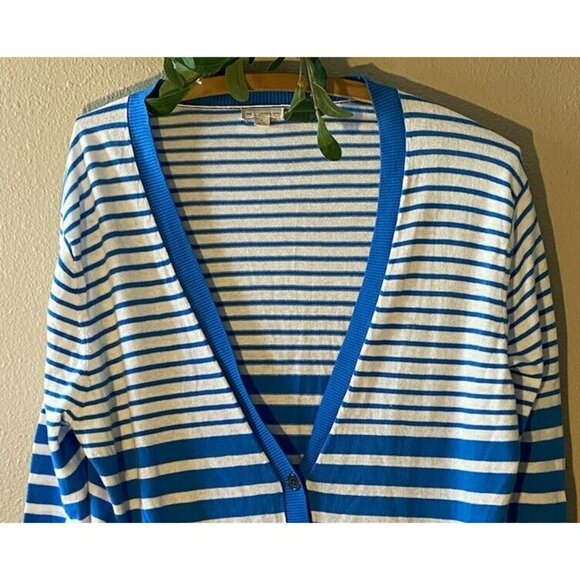 COPY - GAP Cardigan Sweater Large Knit Blue White Striped Pockets Button-Up Pre… - Picture 2 of 8